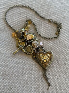BLV Boho Charm Necklace Cottagecore Steampunk Rhinestone Gold-tone Statement 18”
